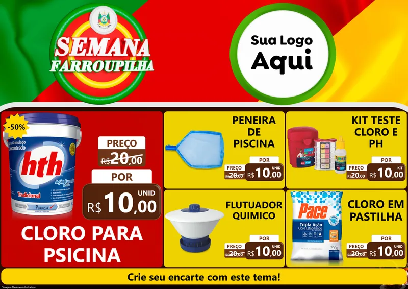 Modelo de Encarte para Encarte A4 Horizontal com o tema Semana Farroupilha para Produtos para Piscina