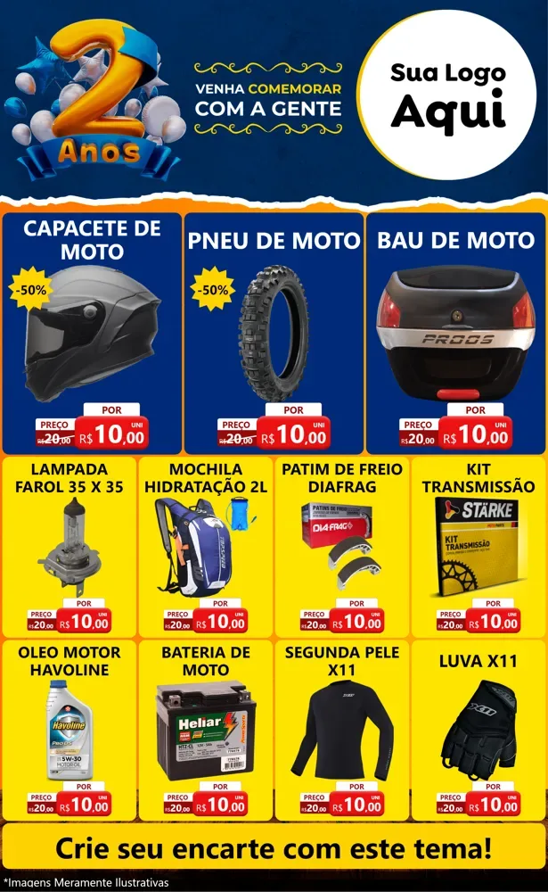 Modelo de Encarte para Encarte Grande com o tema Aniversário de 2 anos para Moto peças