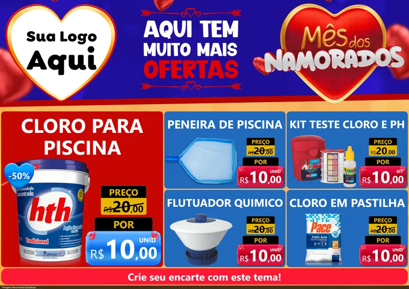 Modelo de Encarte para Encarte A4 Horizontal com o tema Mês dos Namorados para Produtos para Piscina