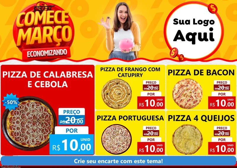 Modelo de Encarte para Encarte A4 Horizontal com o tema Comece Março Economizando para Pizzaria