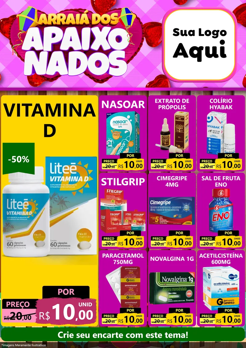 Modelo de Encarte para Encarte A4 Vertical com o tema Arraiá dos Apaixonados para Farmácia