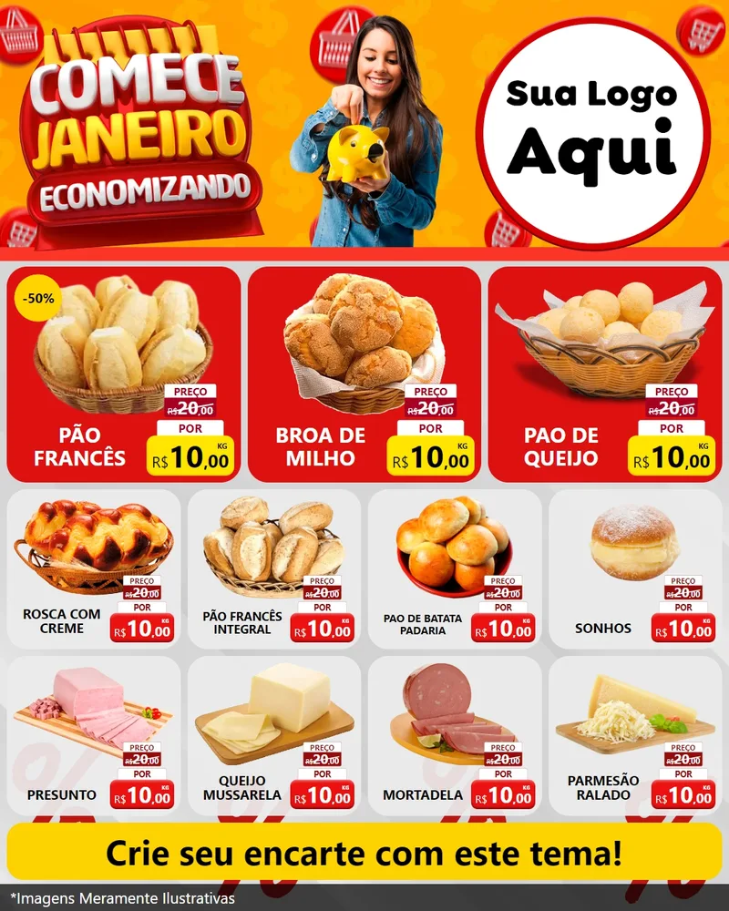 Modelo de Rede Social para Feed Instagram com o tema Comece Janeiro Economizando para Padaria