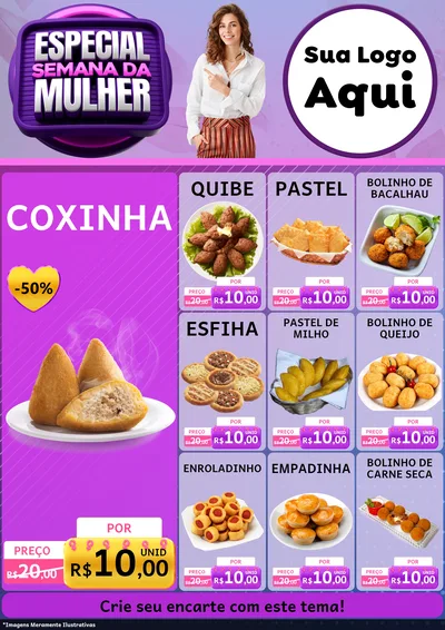Modelo de Encarte para Encarte A4 Vertical com o tema Especial Semana da Mulher para Salgadaria