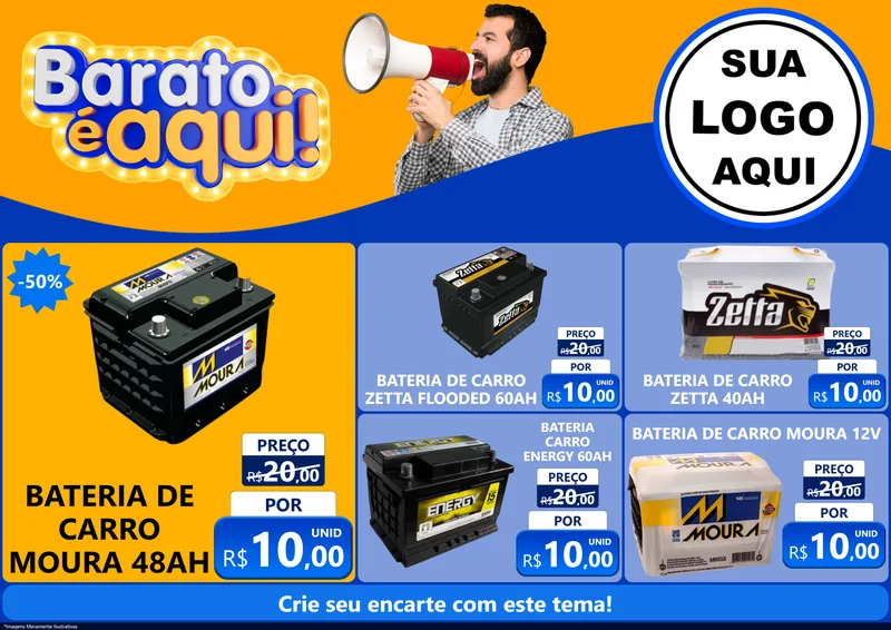 Modelo de Encarte para Encarte A4 Horizontal com o tema Barato é aqui para Baterias Elétricas