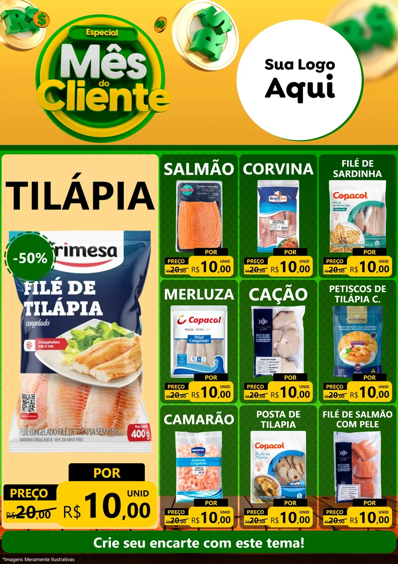 Modelo de Encarte para Encarte A4 Vertical com o tema Especial Mês do Cliente para Peixaria