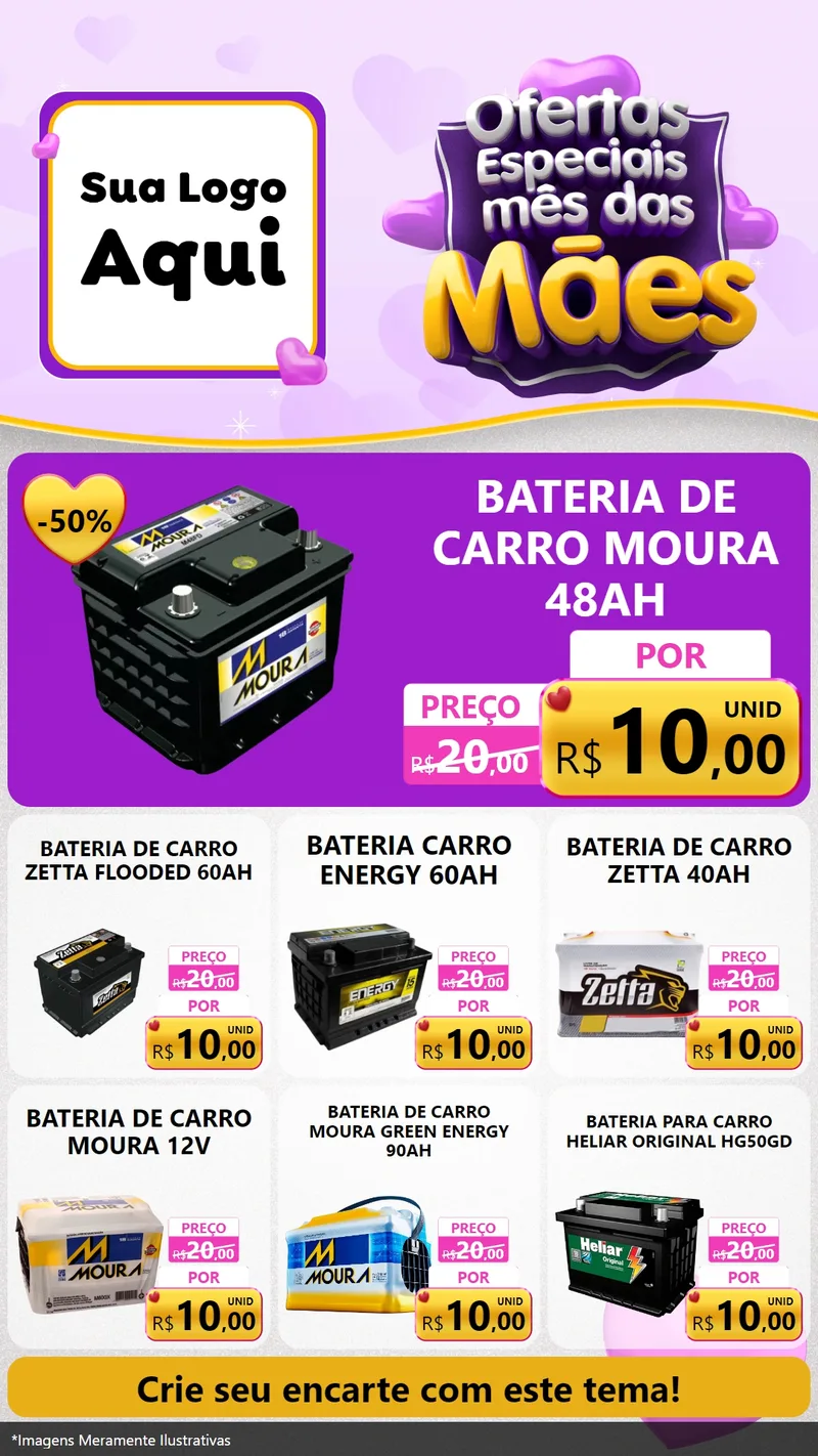 Modelo de Rede Social para Stories com o tema Ofertas Especiais - Mês das Mães para Baterias Elétricas