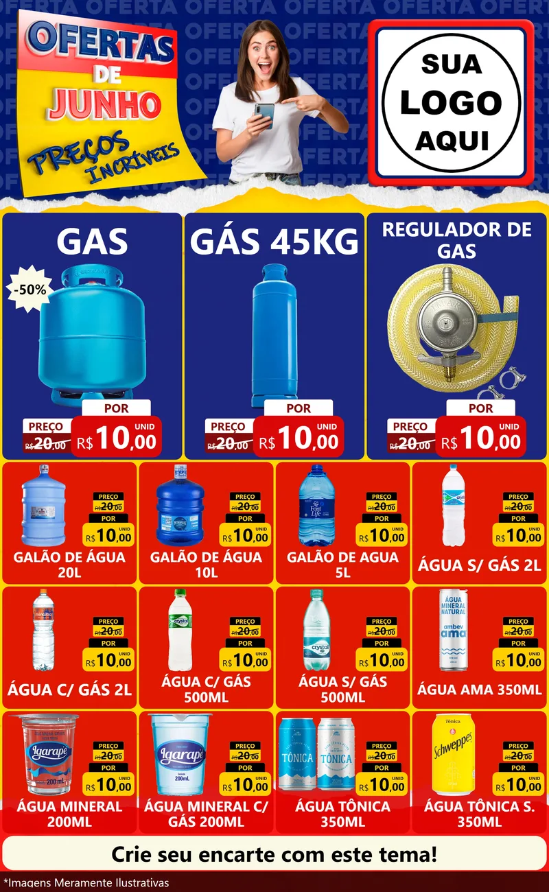 Modelo de Encarte para Encarte Grande com o tema Ofertas de Junho - Preços Incríveis para Água e gás