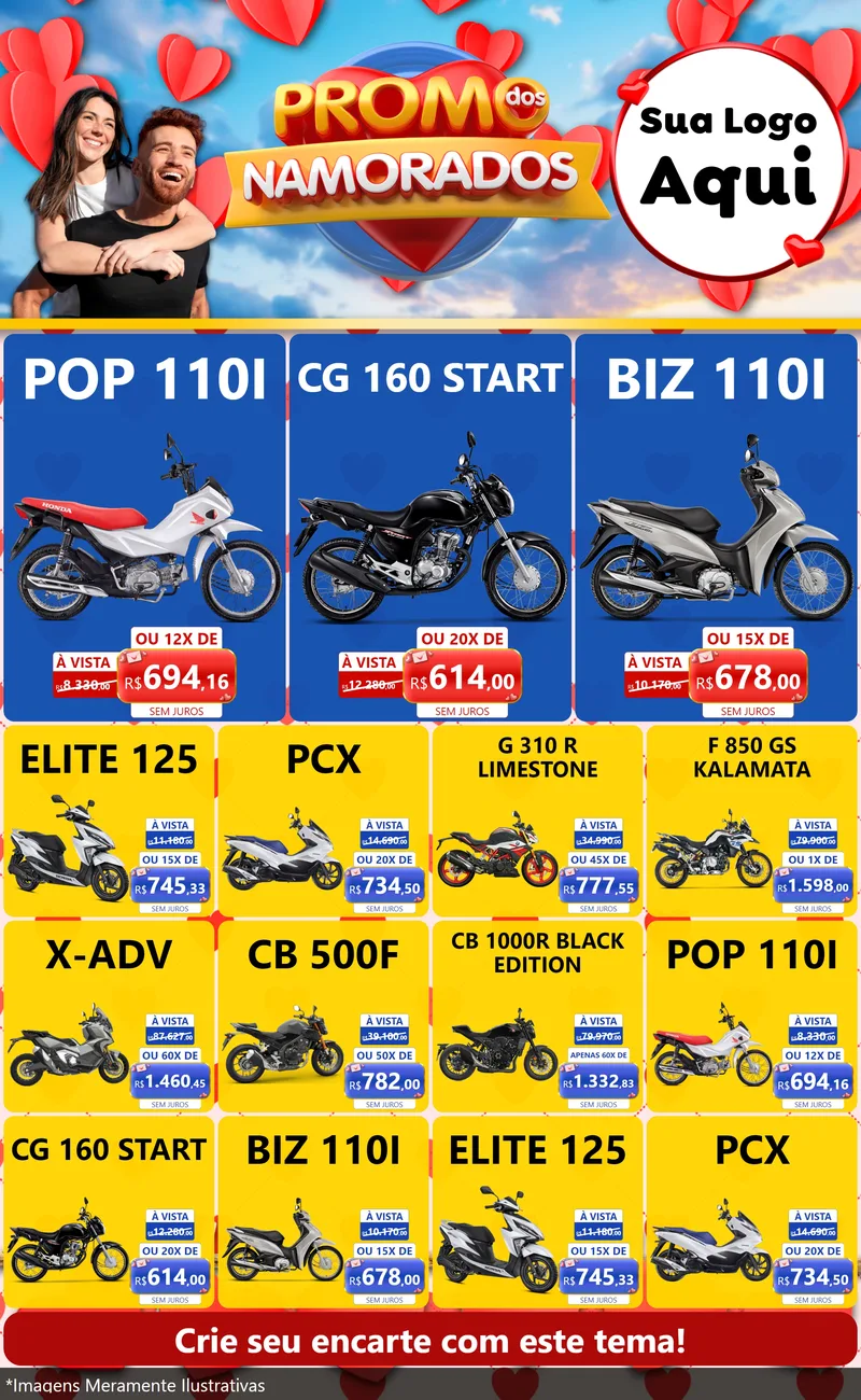 Modelo de Encarte para Encarte Grande com o tema Promo dos Namorados para Concessionaria de Motos