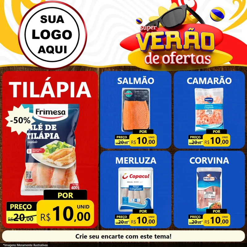 Modelo de Rede Social para Feed Facebook com o tema Super Verão de Ofertas para Peixaria
