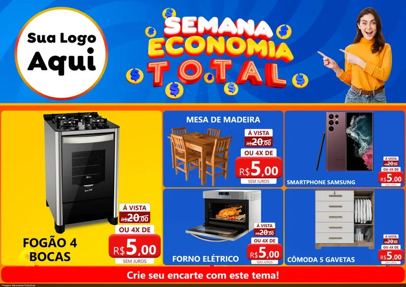 Modelo de Encarte para Encarte A4 Horizontal com o tema Semana Economia Total para Móveis e Eletro