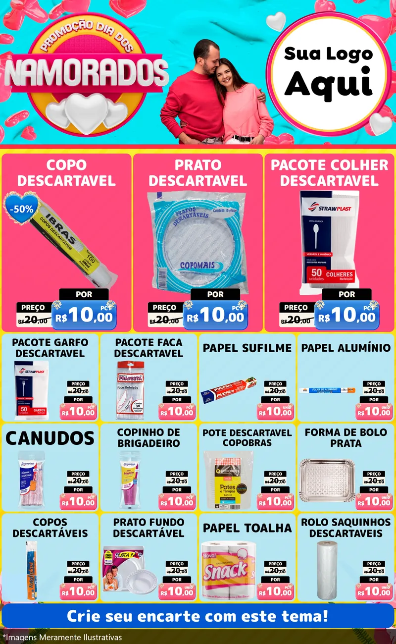 Modelo de Encarte para Encarte Grande com o tema Promoção Dia dos Namorados para Embalagens