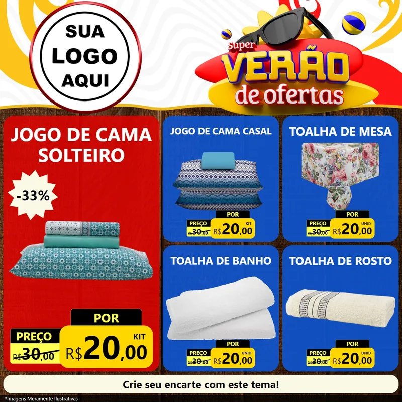 Modelo de Rede Social para Feed Facebook com o tema Super Verão de Ofertas para Cama, Mesa e Banho