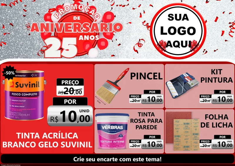 Modelo de Encarte para Encarte A4 Horizontal com o tema Promoção de Aniversário - 25Anos para Tintas e Ferramentas