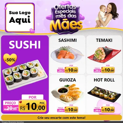 Modelo de Rede Social para Feed Facebook com o tema Ofertas Especiais - Mês das Mães para Comida japonesa