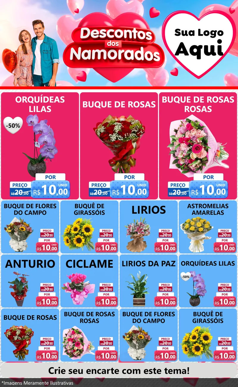 Modelo de Encarte para Encarte Grande com o tema Descontos dos Namorados para Floricultura e jardim