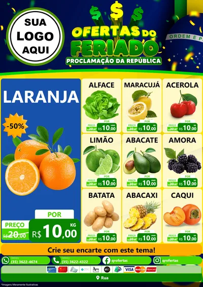 Modelo de Encarte para Encarte A4 Vertical com o tema Ofertas do Feriado - Proclamação da República para Hortifrúti