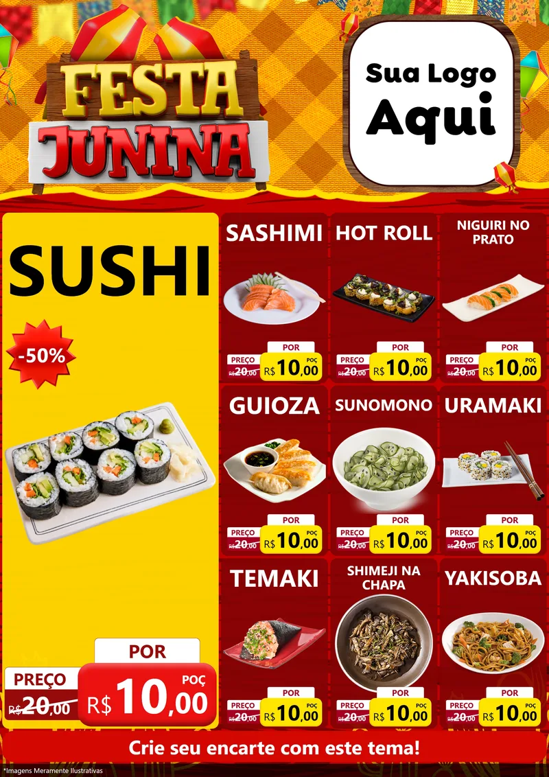 Modelo de Encarte para Encarte A4 Vertical com o tema Festa Junina para Comida japonesa