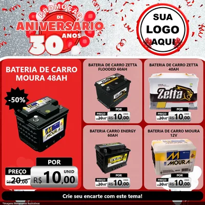 Modelo de Rede Social para Feed Facebook com o tema Promoção de Aniversário - 30 Anos para Baterias Elétricas