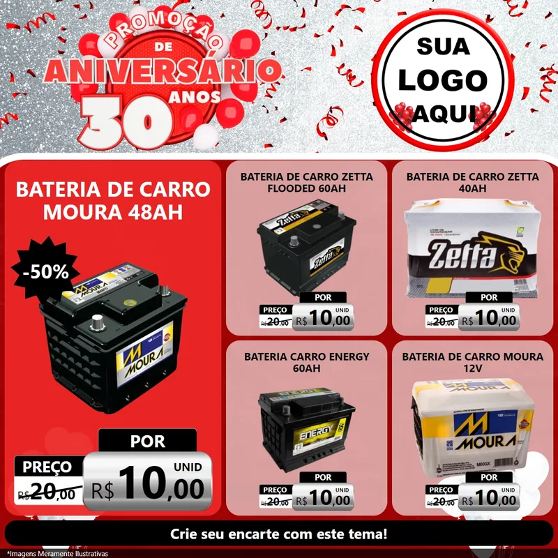 Modelo de Rede Social para Feed Facebook com o tema Promoção de Aniversário - 30 Anos para Baterias Elétricas