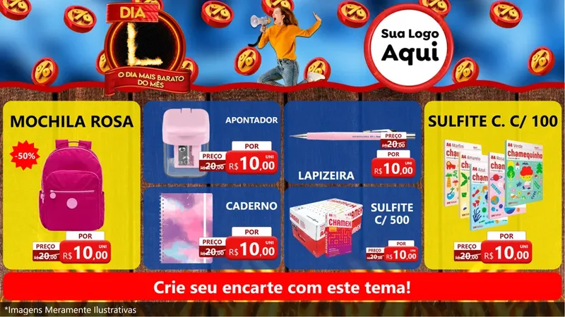 Modelo de TV para TV Horizontal com o tema Dia L - O Dia Mais Barato Do Mês para Papelaria