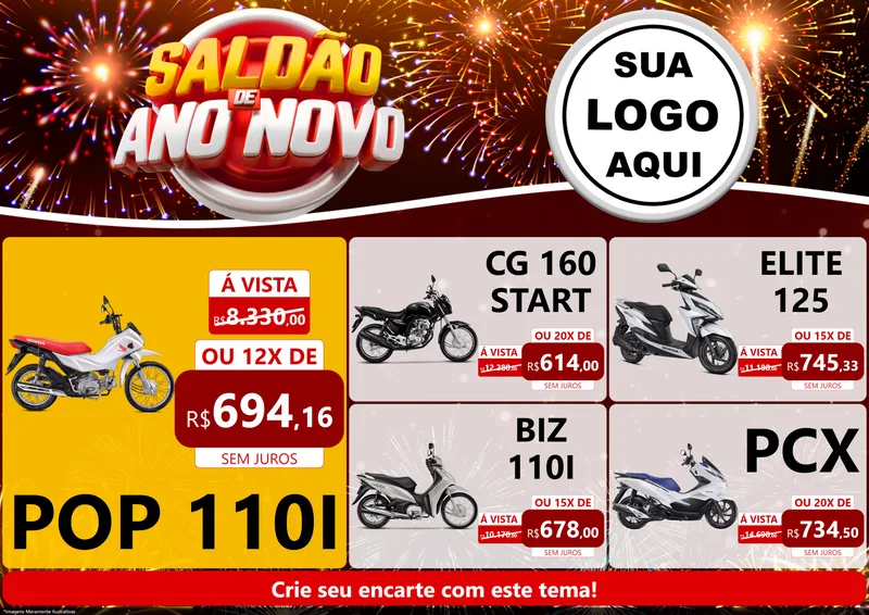 Modelo de Encarte para Encarte A4 Horizontal com o tema Saldão de Ano Novo para Concessionaria de Motos
