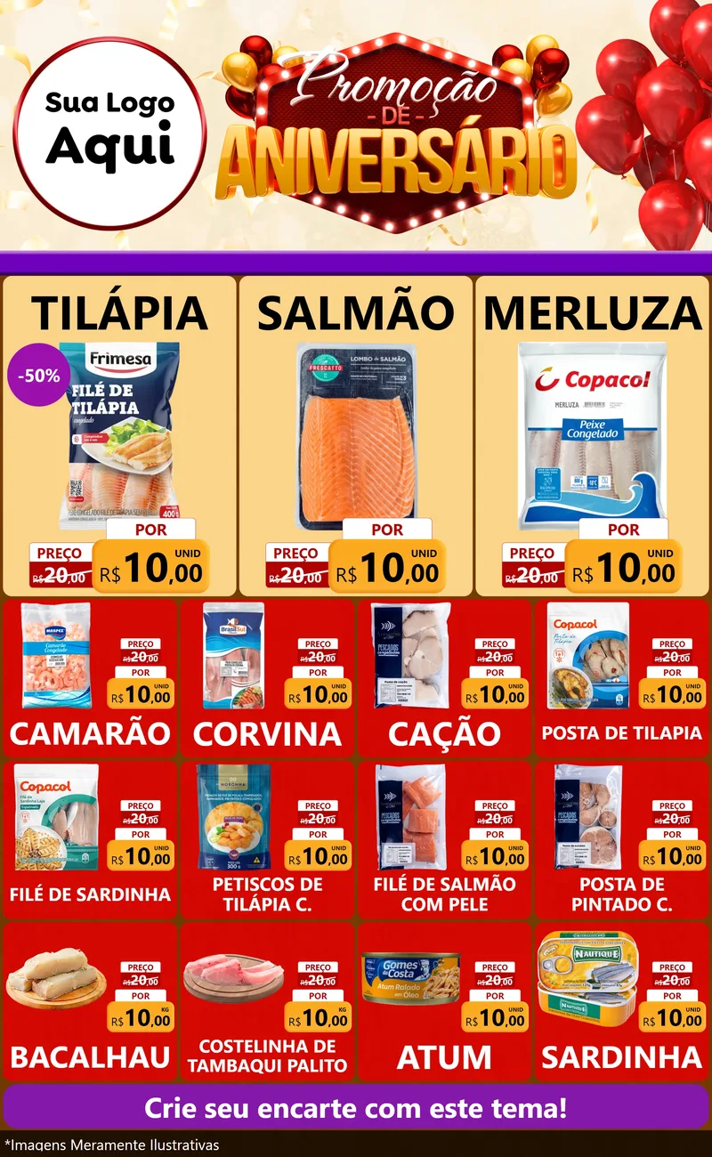 Modelo de Encarte para Encarte Grande com o tema Promoção de Aniversário para Peixaria