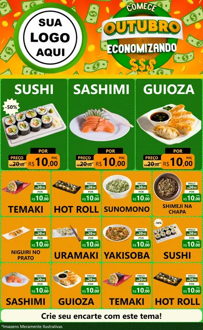 Modelo de Encarte para Encarte Grande com o tema Comece Outubro Economizando para Comida japonesa