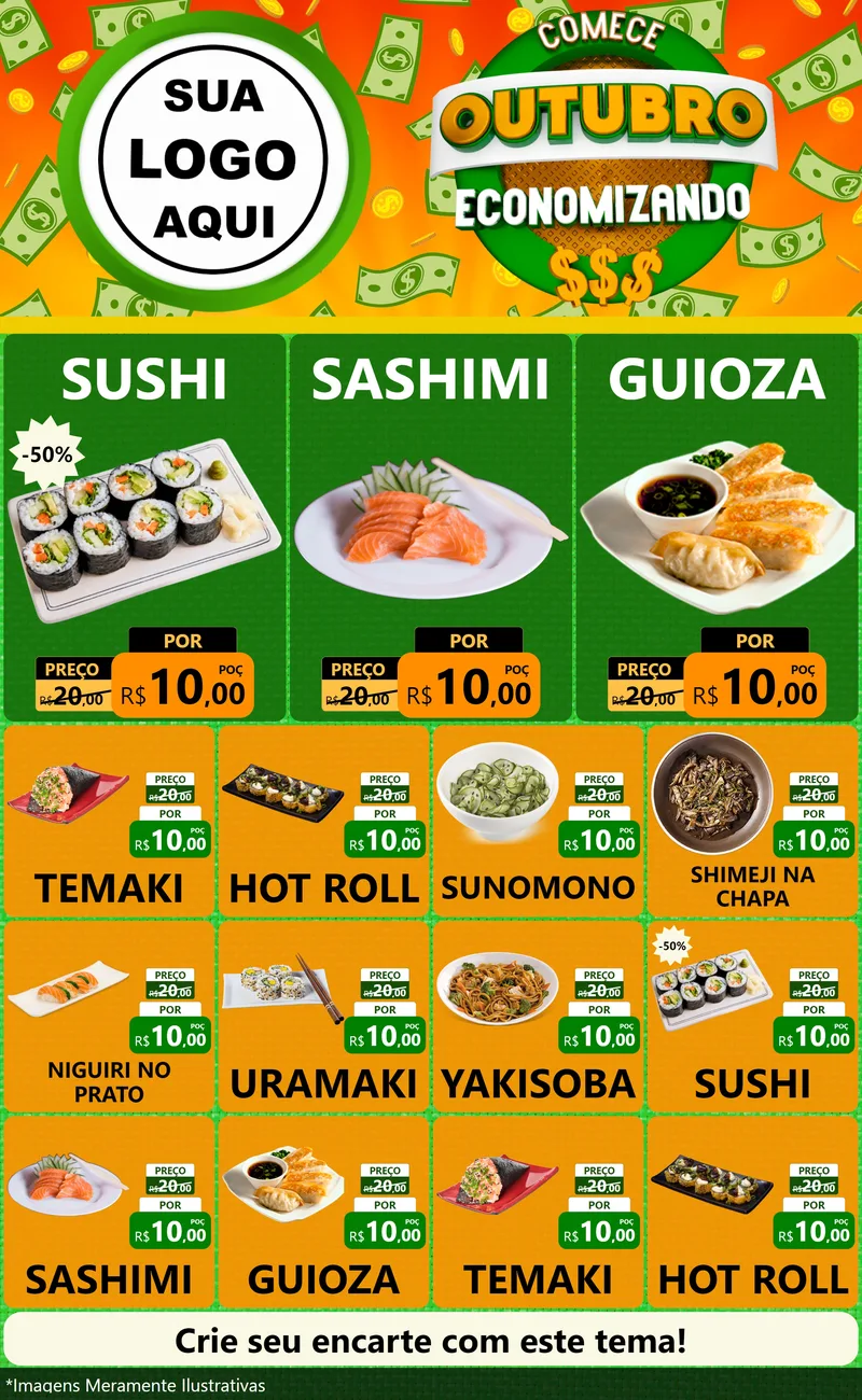 Modelo de Encarte para Encarte Grande com o tema Comece Outubro Economizando para Comida japonesa