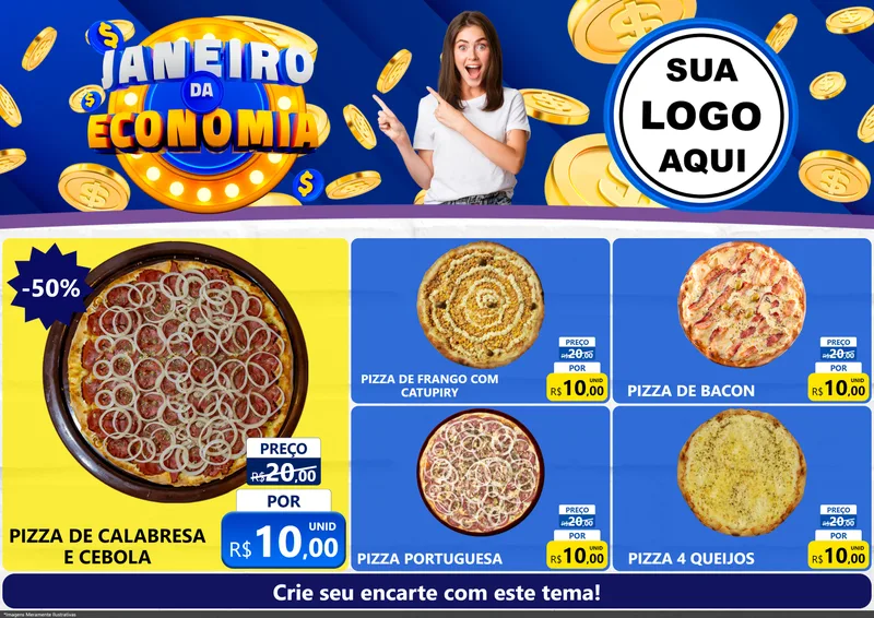 Modelo de Encarte para Encarte A4 Horizontal com o tema Janeiro da Economia para Pizzaria