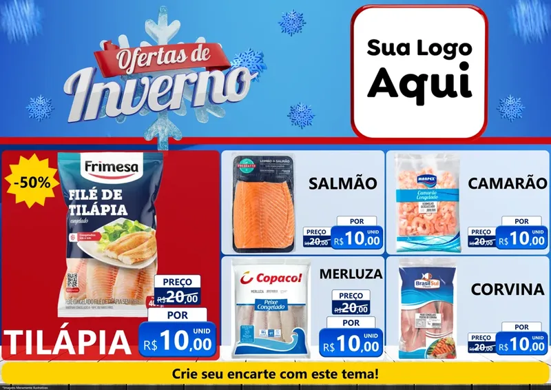 Modelo de Encarte para Encarte A4 Horizontal com o tema Ofertas de Inverno para Peixaria