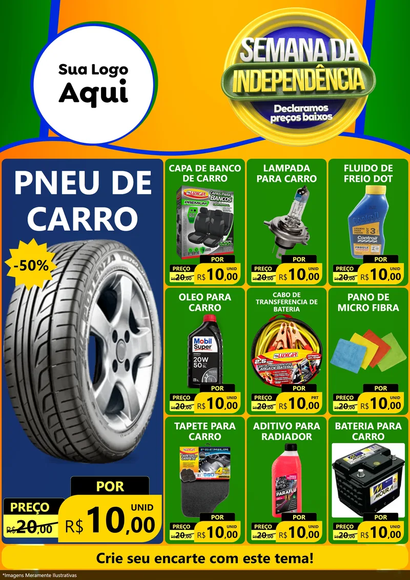 Modelo de Encarte para Encarte A4 Vertical com o tema Semana da Independência Declaramos Preços Baixos para Auto peças