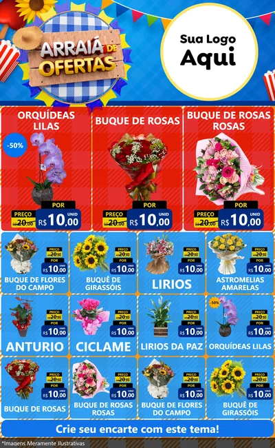 Modelo de Encarte para Encarte Grande com o tema Arraiá de Ofertas para Floricultura e jardim