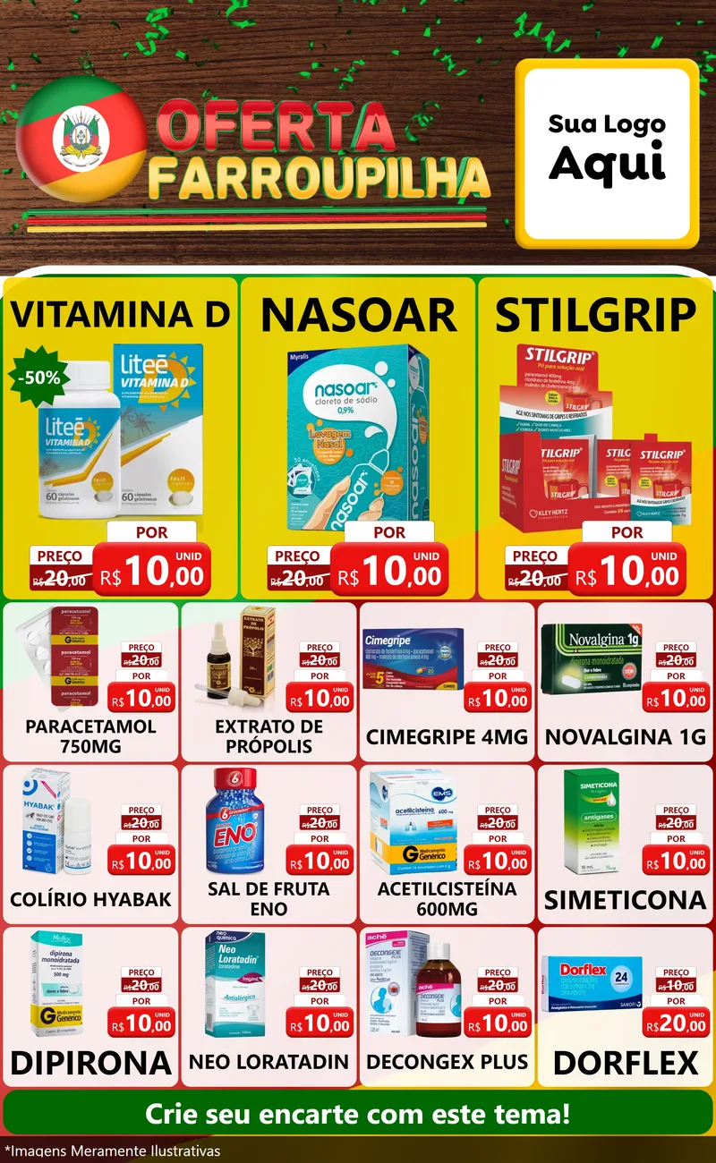 Modelo de Encarte para Encarte Grande com o tema Oferta Farroupilha para Farmácia