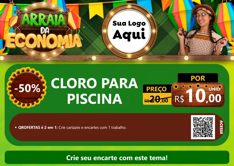 Modelo de Cartaz para Cartaz A4 Horizontal com o tema Arraiá de Economia para Produtos para Piscina