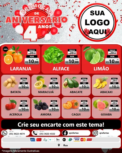 Modelo de Rede Social para Feed Instagram com o tema Promoção de Aniversário - 4 Anos para Hortifrúti