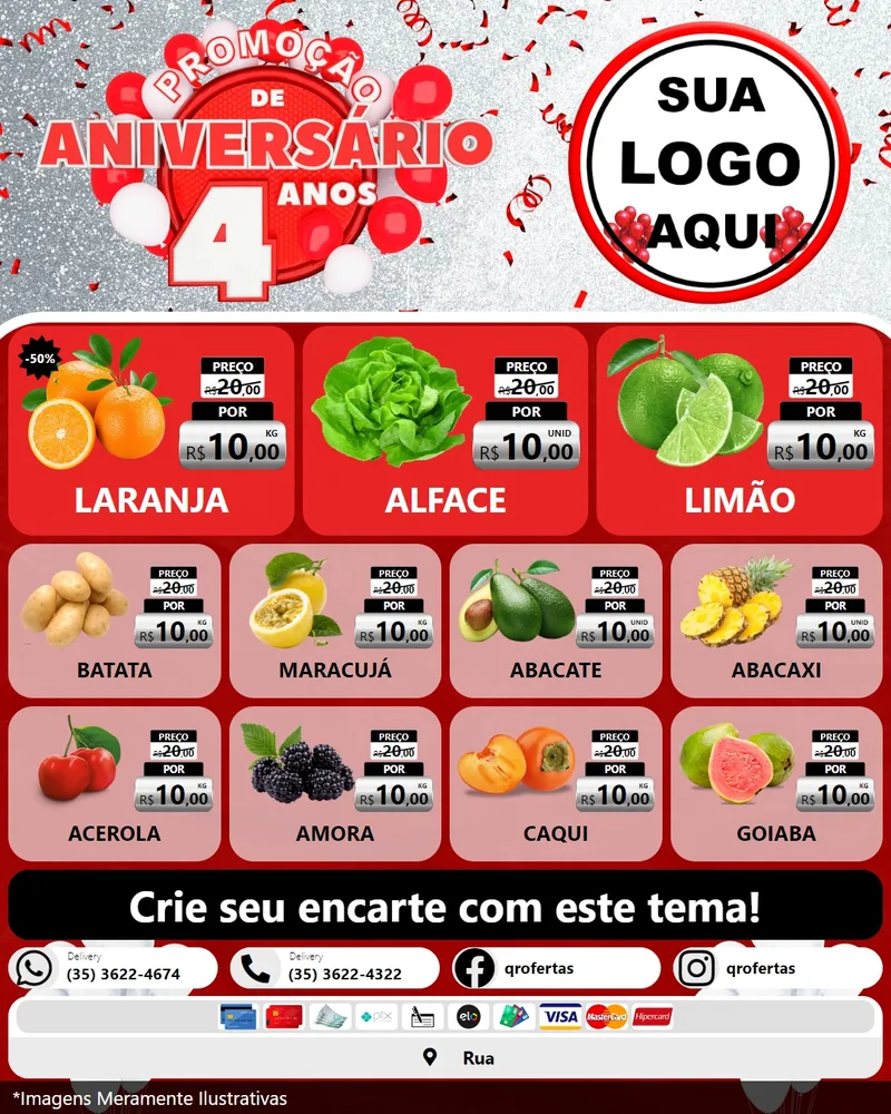Modelo de Rede Social para Feed Instagram com o tema Promoção de Aniversário - 4 Anos para Hortifrúti