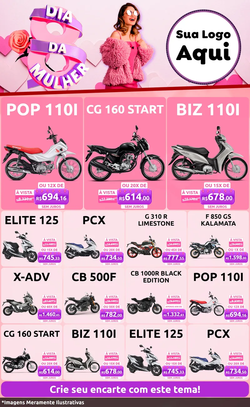 Modelo de Encarte para Encarte Grande com o tema Dia da Mulher para Concessionaria de Motos