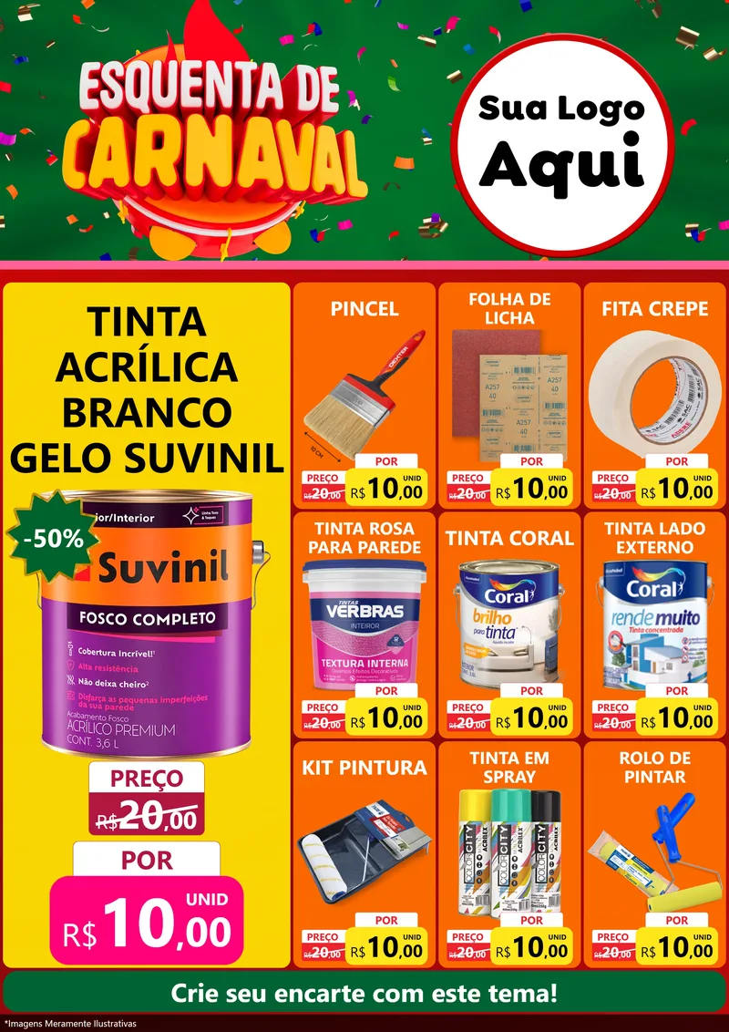 Modelo de Encarte para Encarte A4 Vertical com o tema Esquenta de Carnaval para Tintas e Ferramentas