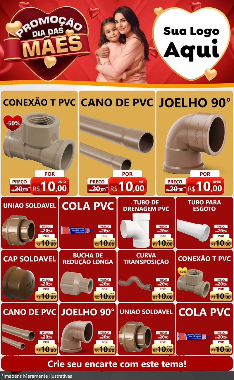 Modelo de Encarte para Encarte Grande com o tema Promoção Dia das Mães para Tubos e conexões