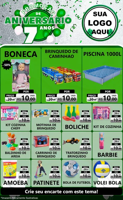 Modelo de Encarte para Encarte Grande com o tema Promoção de Aniversário - 7 Anos para Brinquedos
