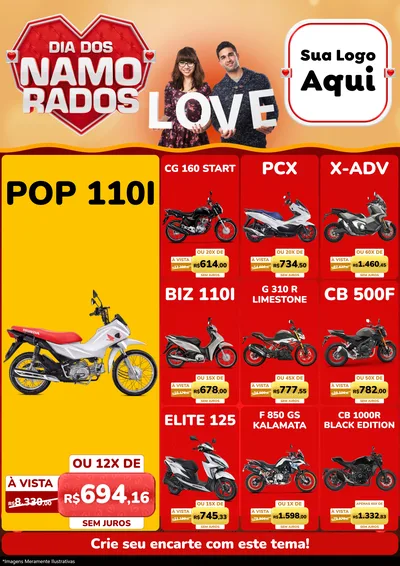 Modelo de Encarte para Encarte A4 Vertical com o tema Dia dos Namorados para Concessionaria de Motos
