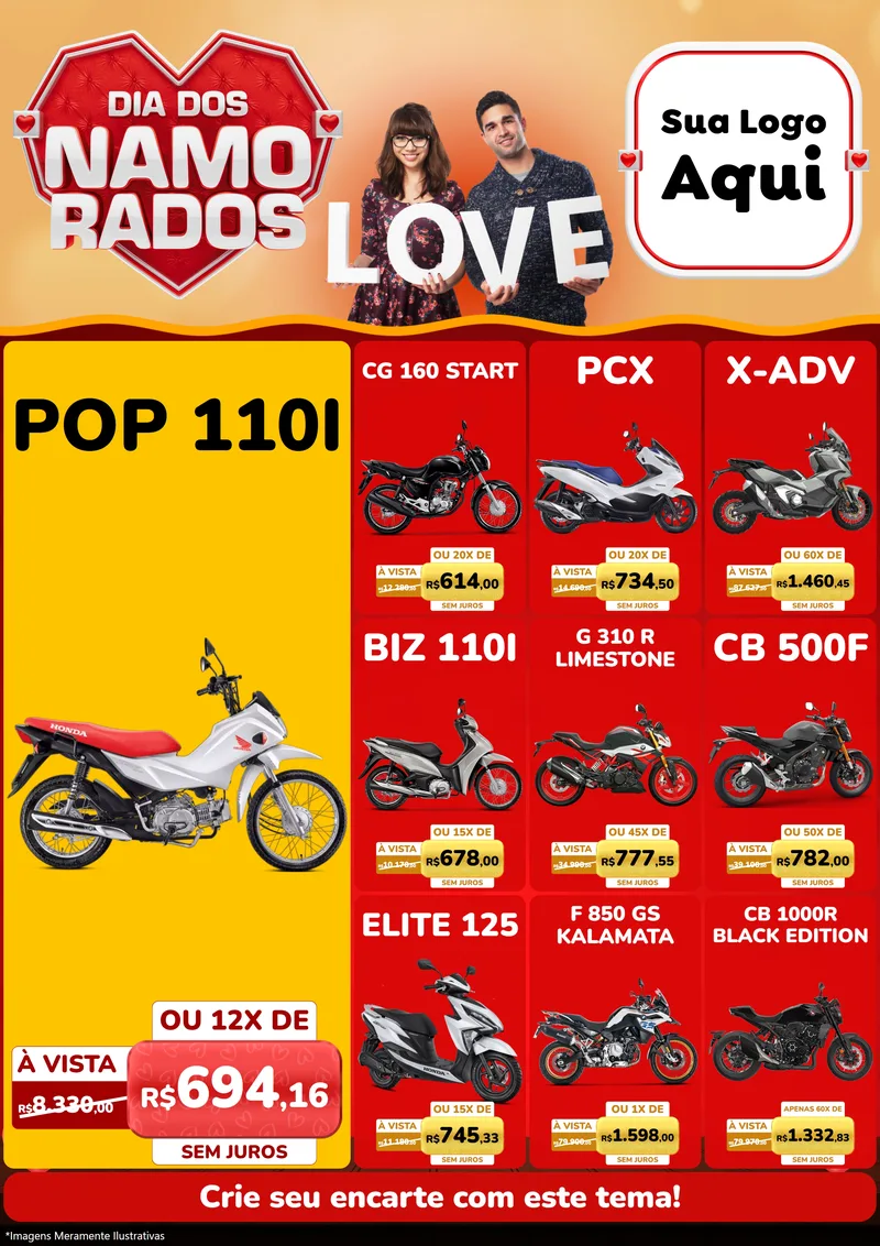 Modelo de Encarte para Encarte A4 Vertical com o tema Dia dos Namorados para Concessionaria de Motos