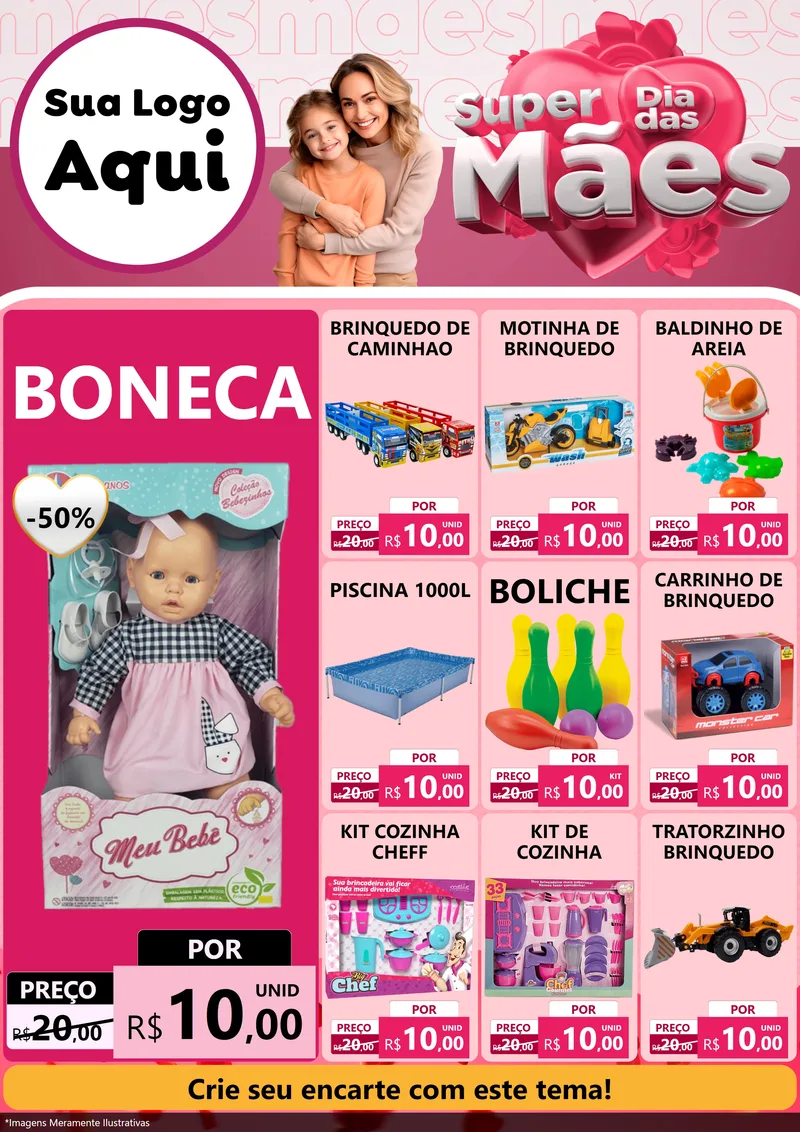 Modelo de Encarte para Encarte A4 Vertical com o tema Super Dia Das Mães para Brinquedos