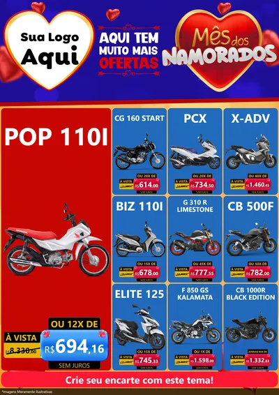 Modelo de Encarte para Encarte A4 Vertical com o tema Mês dos Namorados para Concessionaria de Motos