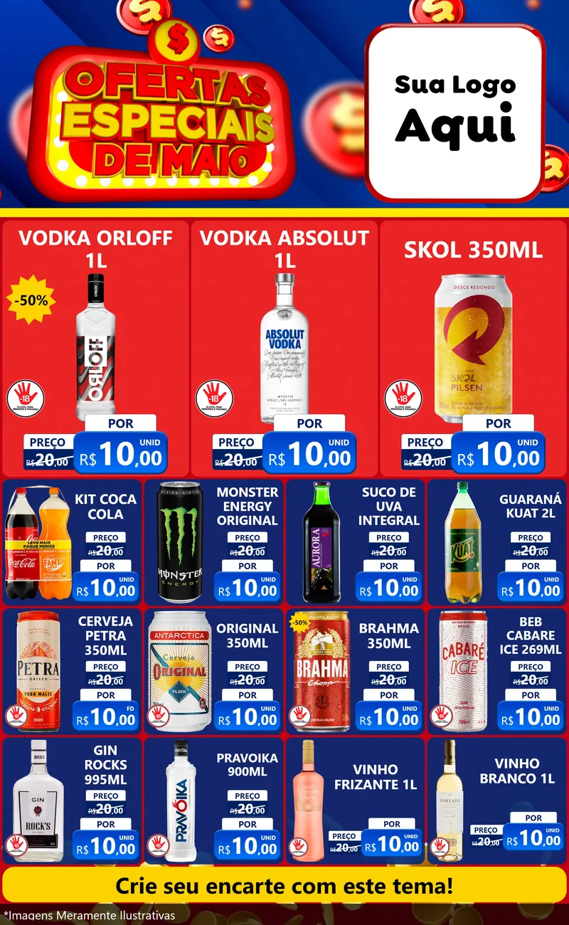 Modelo de Encarte para Encarte Grande com o tema Ofertas Especiais de Maio para Distribuidora de bebidas