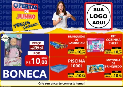 Modelo de Encarte para Encarte A4 Horizontal com o tema Ofertas de Junho - Preços Incríveis para Brinquedos