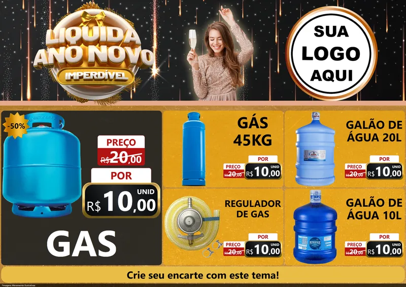 Modelo de Encarte para Encarte A4 Horizontal com o tema Liquida Ano Novo Imperdível para Água e gás