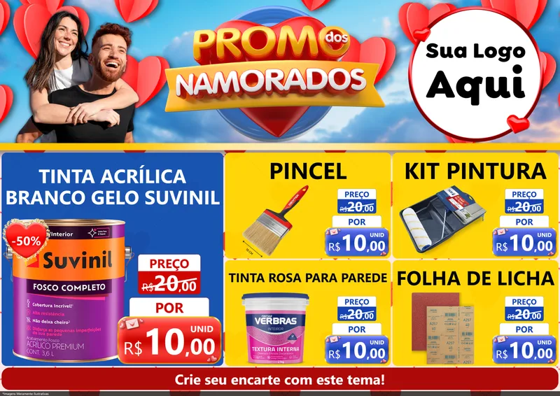 Modelo de Encarte para Encarte A4 Horizontal com o tema Promo dos Namorados para Tintas e Ferramentas