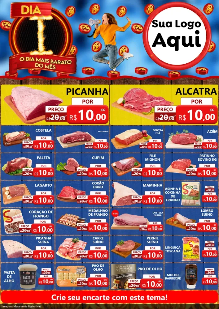 Modelo de Encarte para Encarte A4 Vertical com o tema Dia I - O Dia Mais Barato Do Mês para Açougue