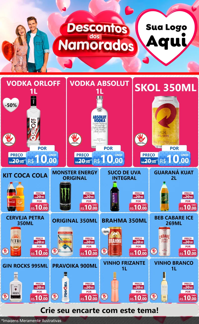 Modelo de Encarte para Encarte Grande com o tema Descontos dos Namorados para Distribuidora de bebidas